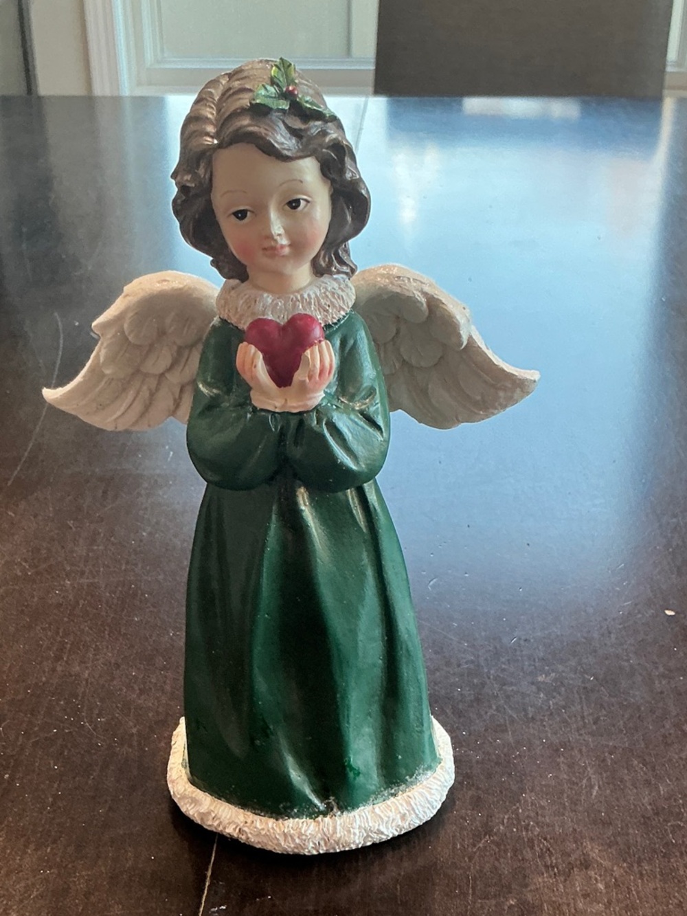 Holiday Angel Figurine in Green with Red Heart
